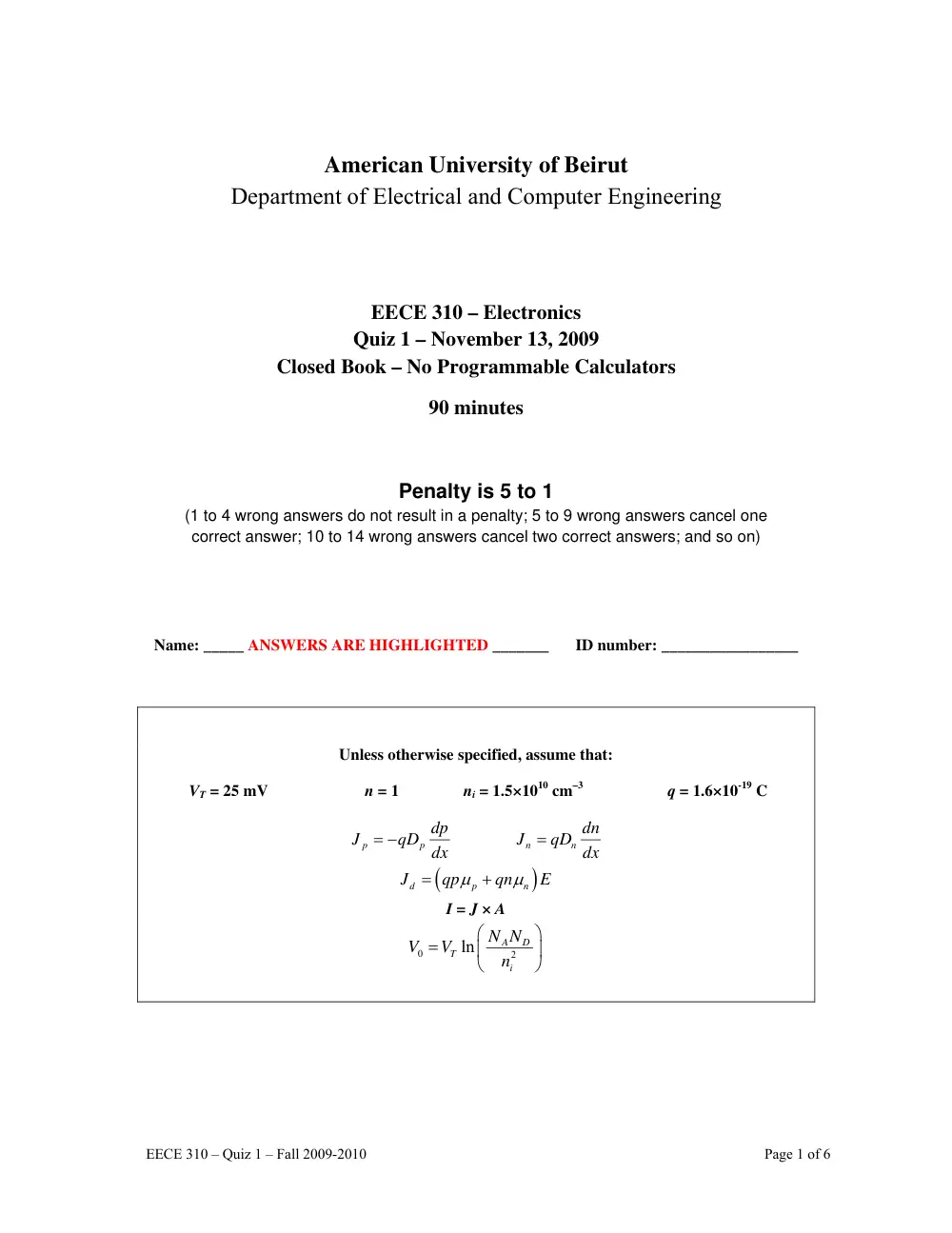 EECE 310 Exam 1, Fall 2009, page 1
