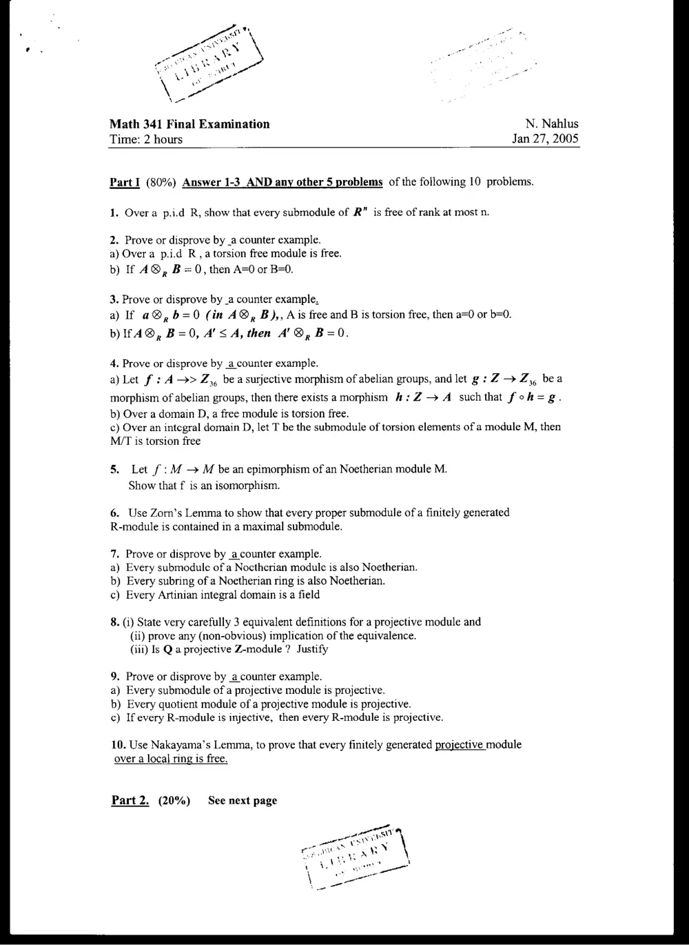 MATH 341 Final, Fall 2004, page 1