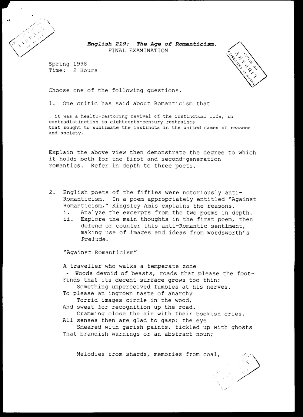 ENG 219 Final, Spring 1998, page 1