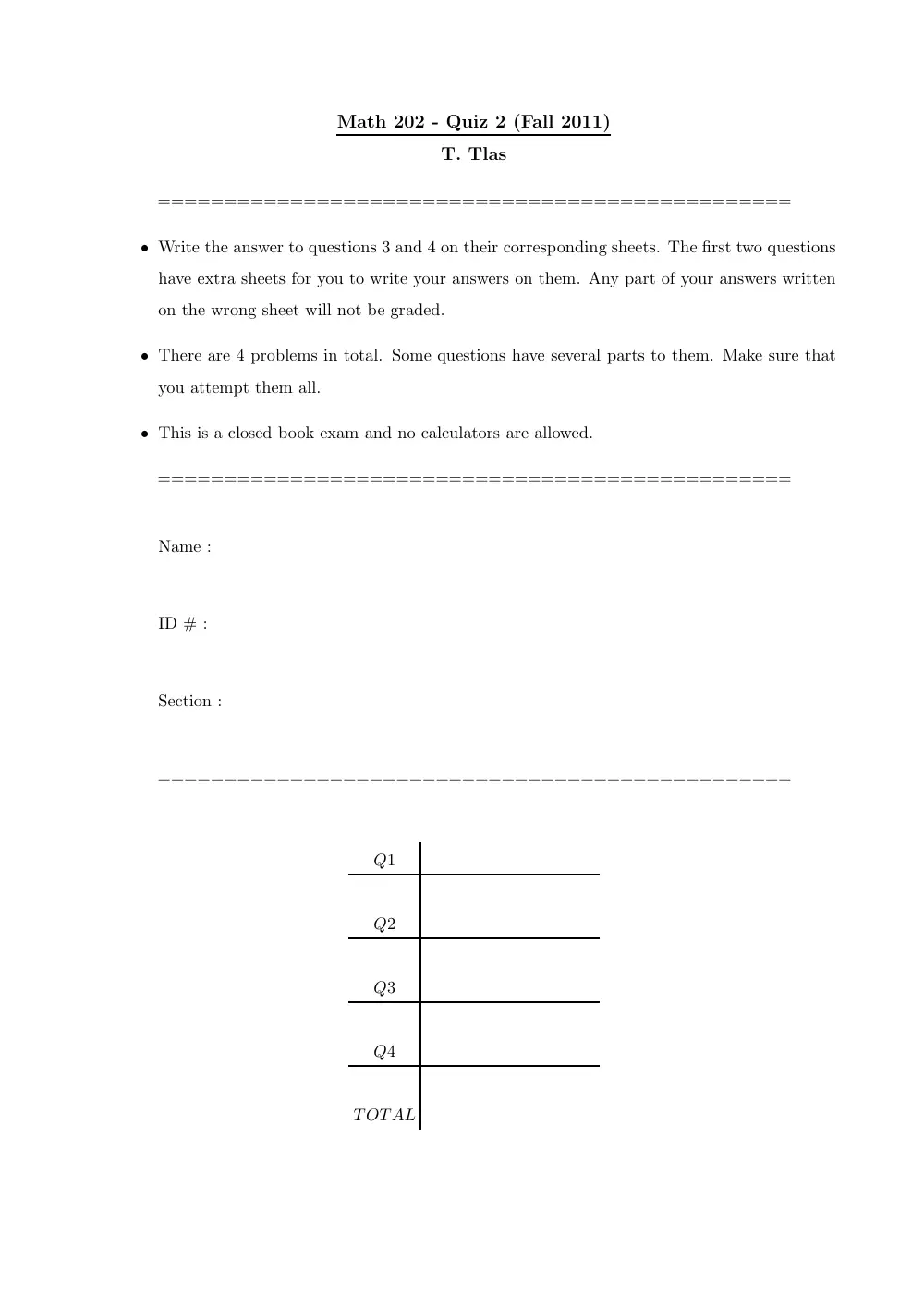 MATH 202 Exam 2, Fall 2011, page 1