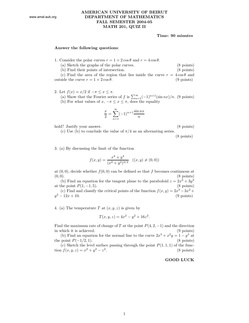 MATH 201 Exam 2, Fall 2004, page 1