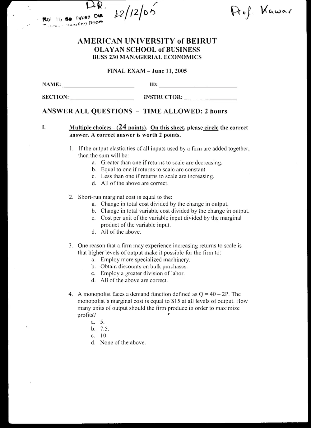 BUSS 230 Final, Spring 2005, page 1