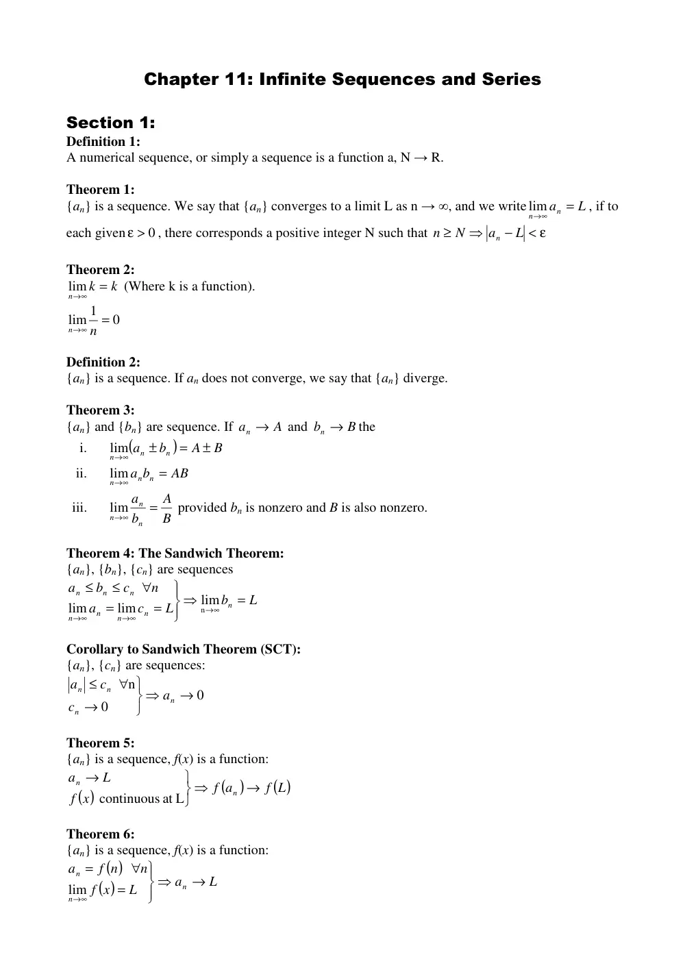 MATH 201 Chapter 11 Summary, Fall 2011, page 1