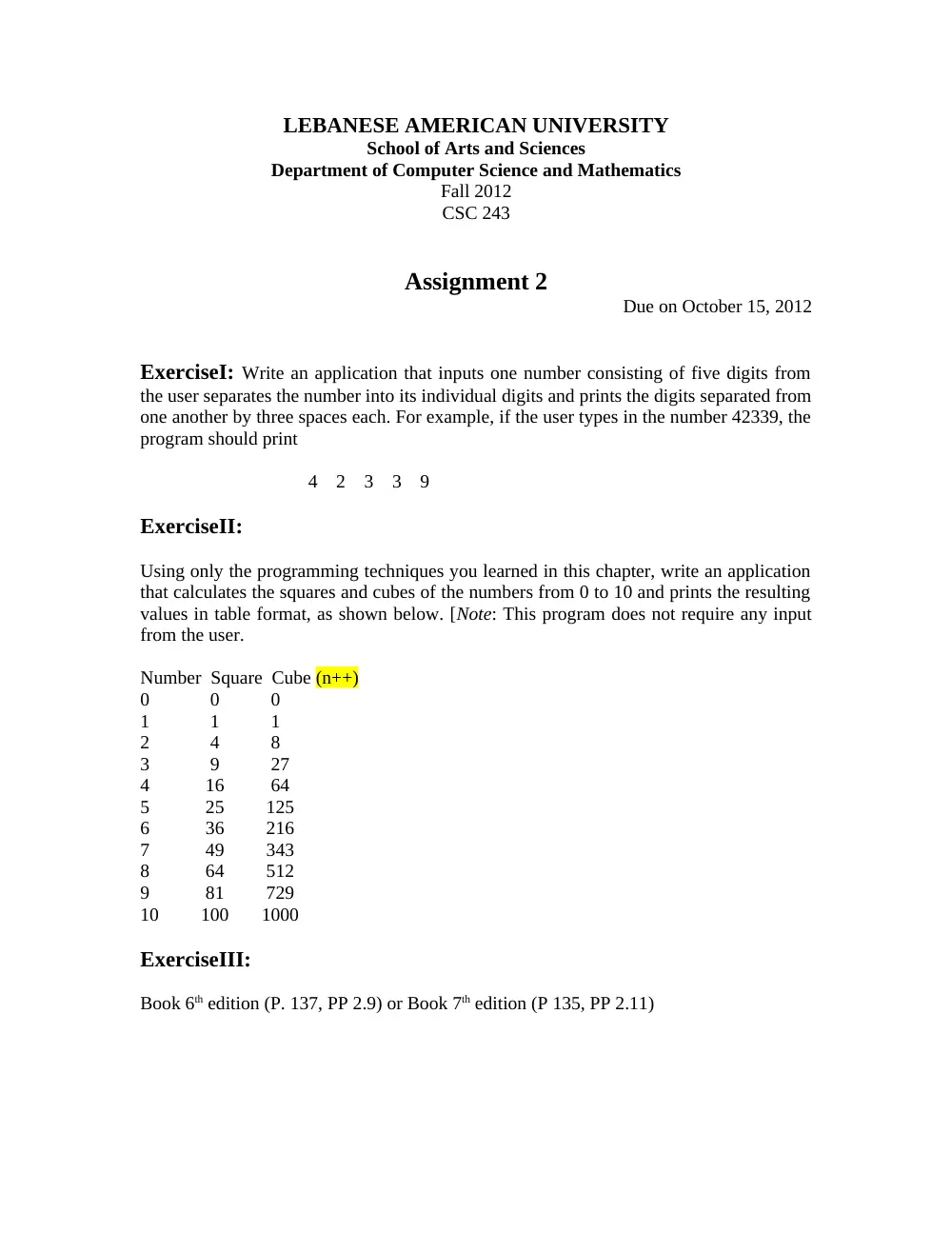 CSC 243 Homework Assignment 2, Fall 2012, page 1