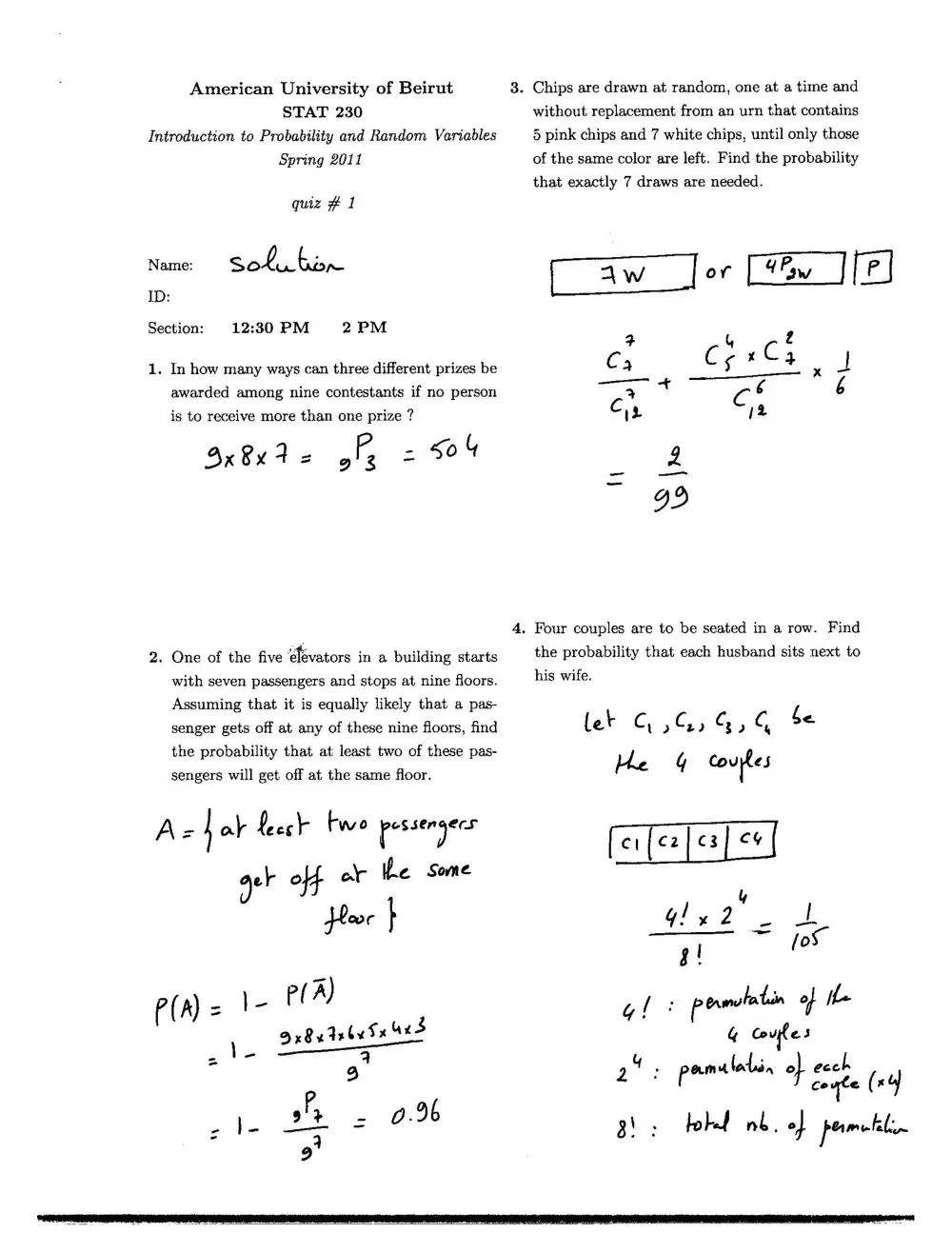 STAT 230 Exam 1 with Solution, Spring 2011, page 1