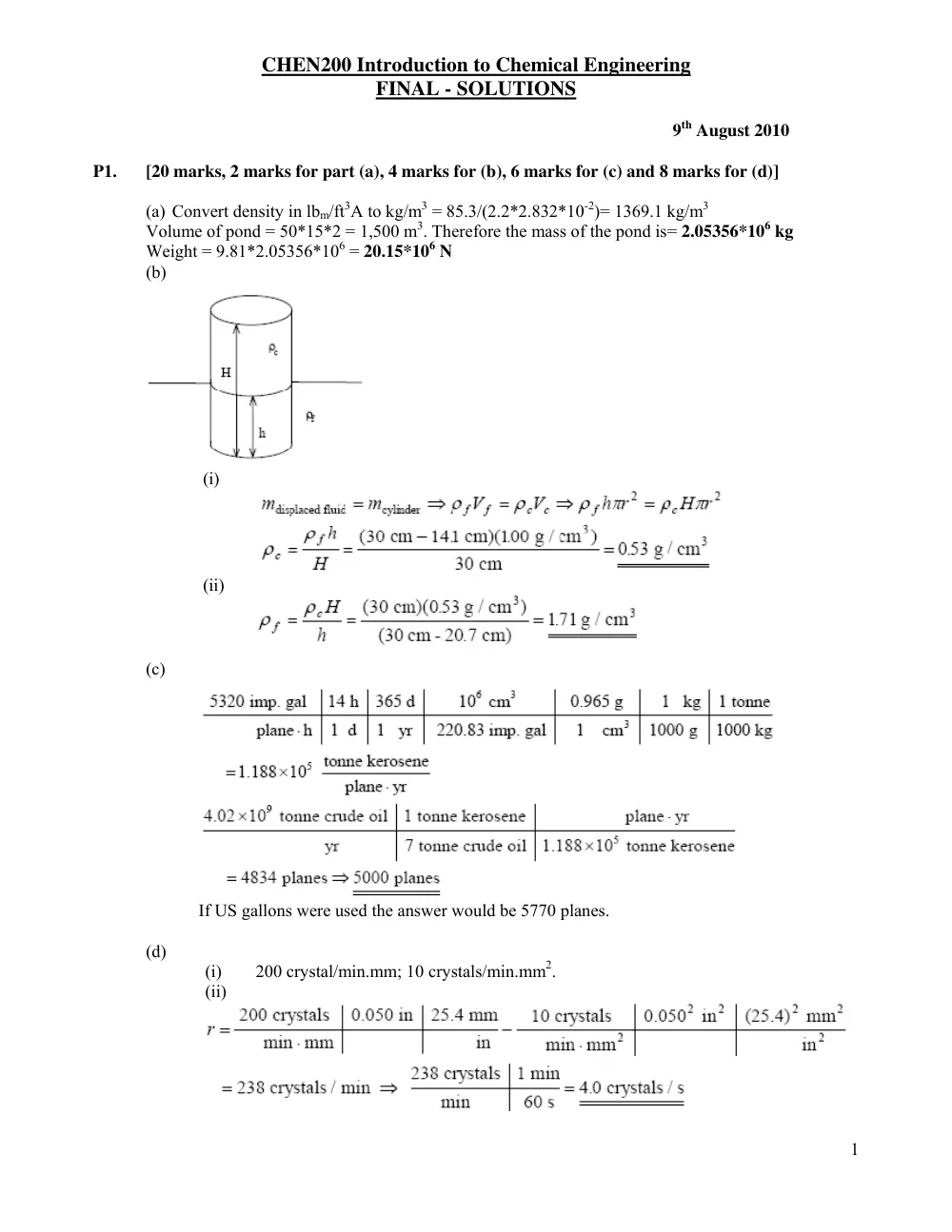 CHEN 200 Final with Solutions, Spring 2011, page 1