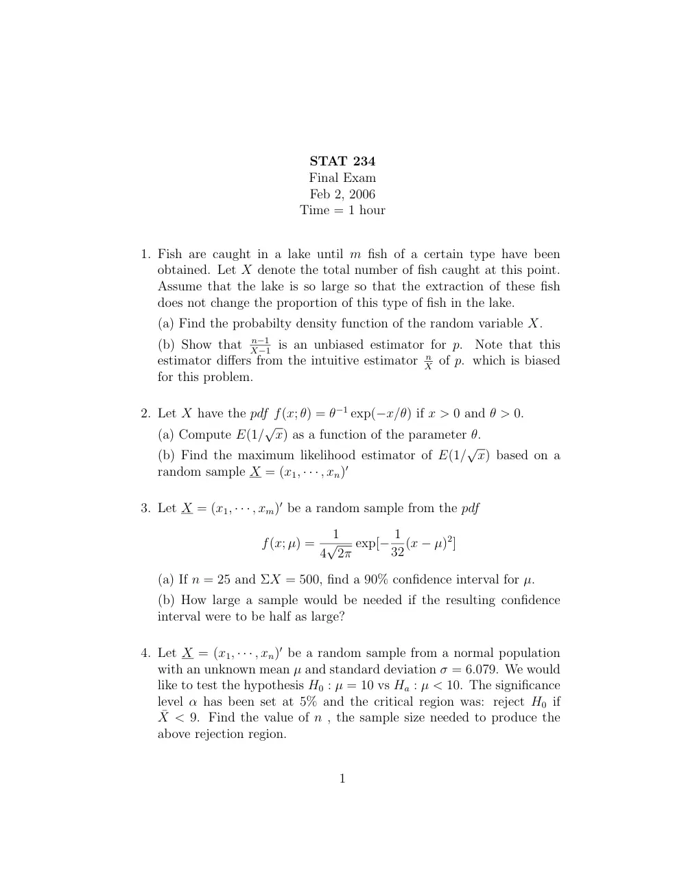 STAT 234 Final, Fall 2005, page 1