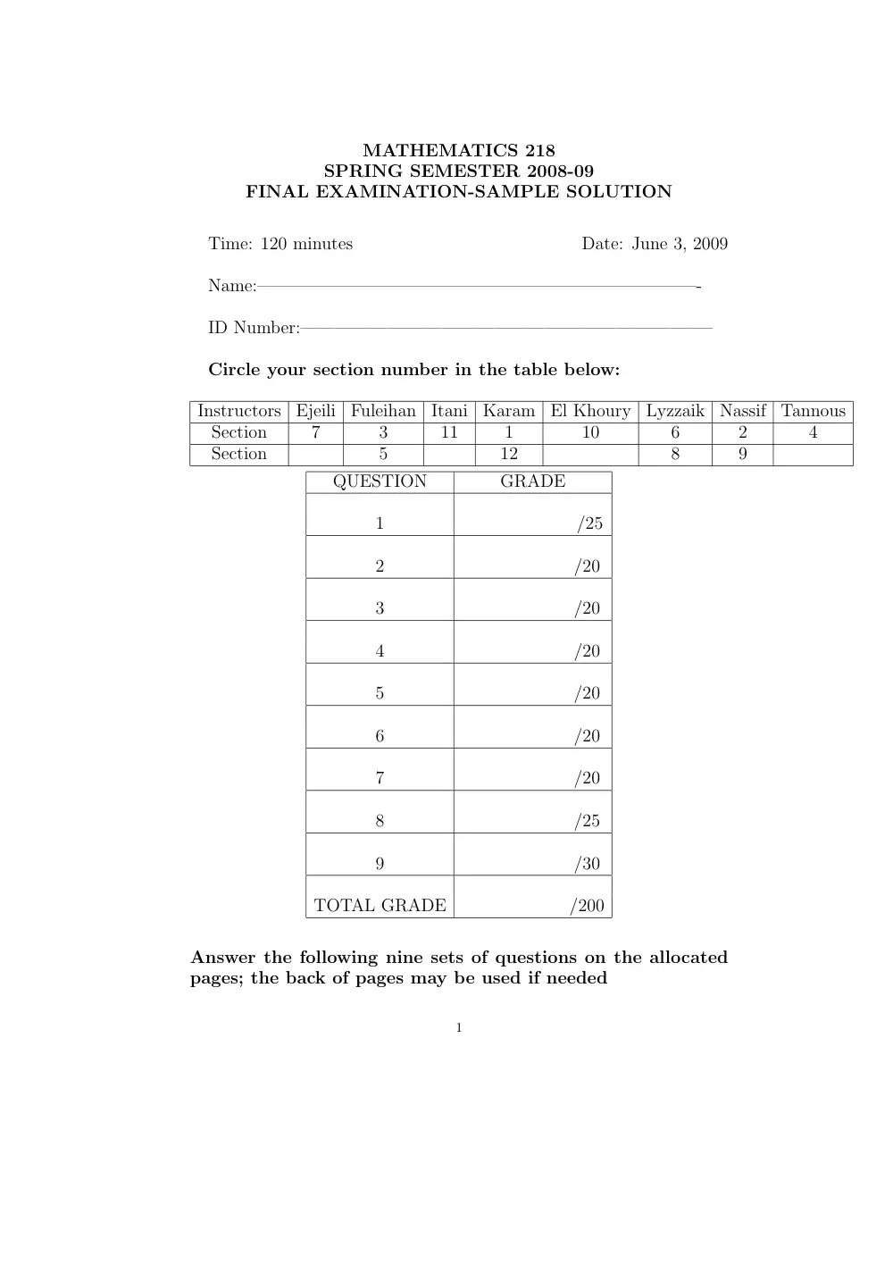 MATH 218 Final, Spring 2009, page 1