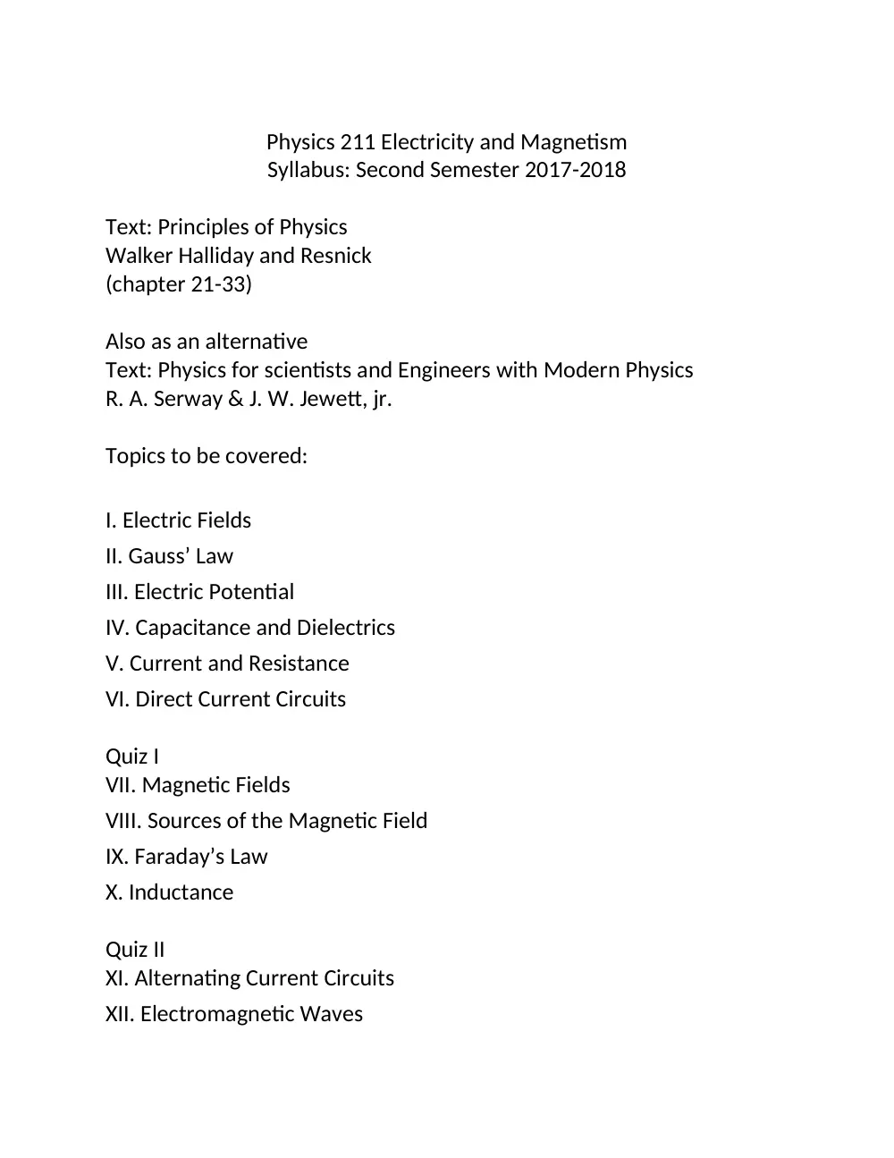 PHYS 211 Syllabus, Spring 2018, page 1