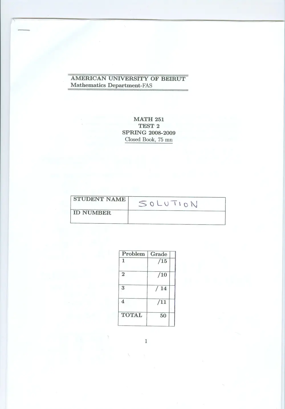 MATH 251 Exam 2 with Solution, Spring 2009, page 1