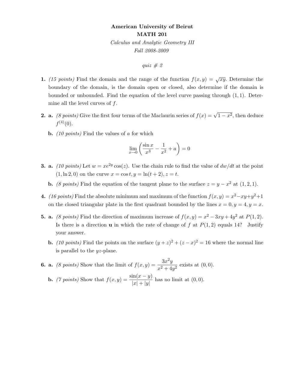 MATH 201 Exam 2, Fall 2008, page 1