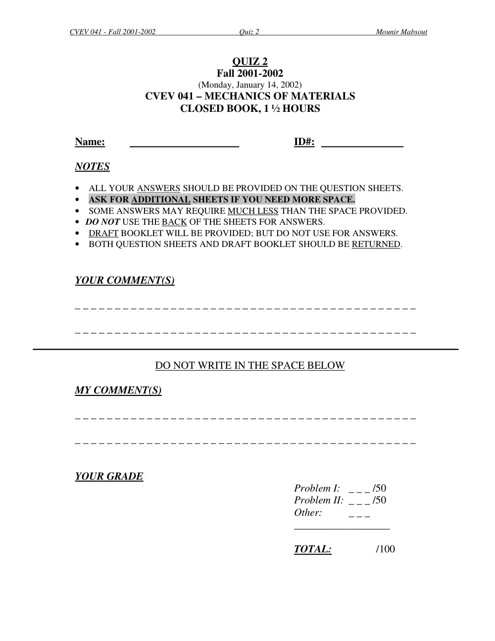 CIVE 310 Exam 2, Fall 2001, page 1