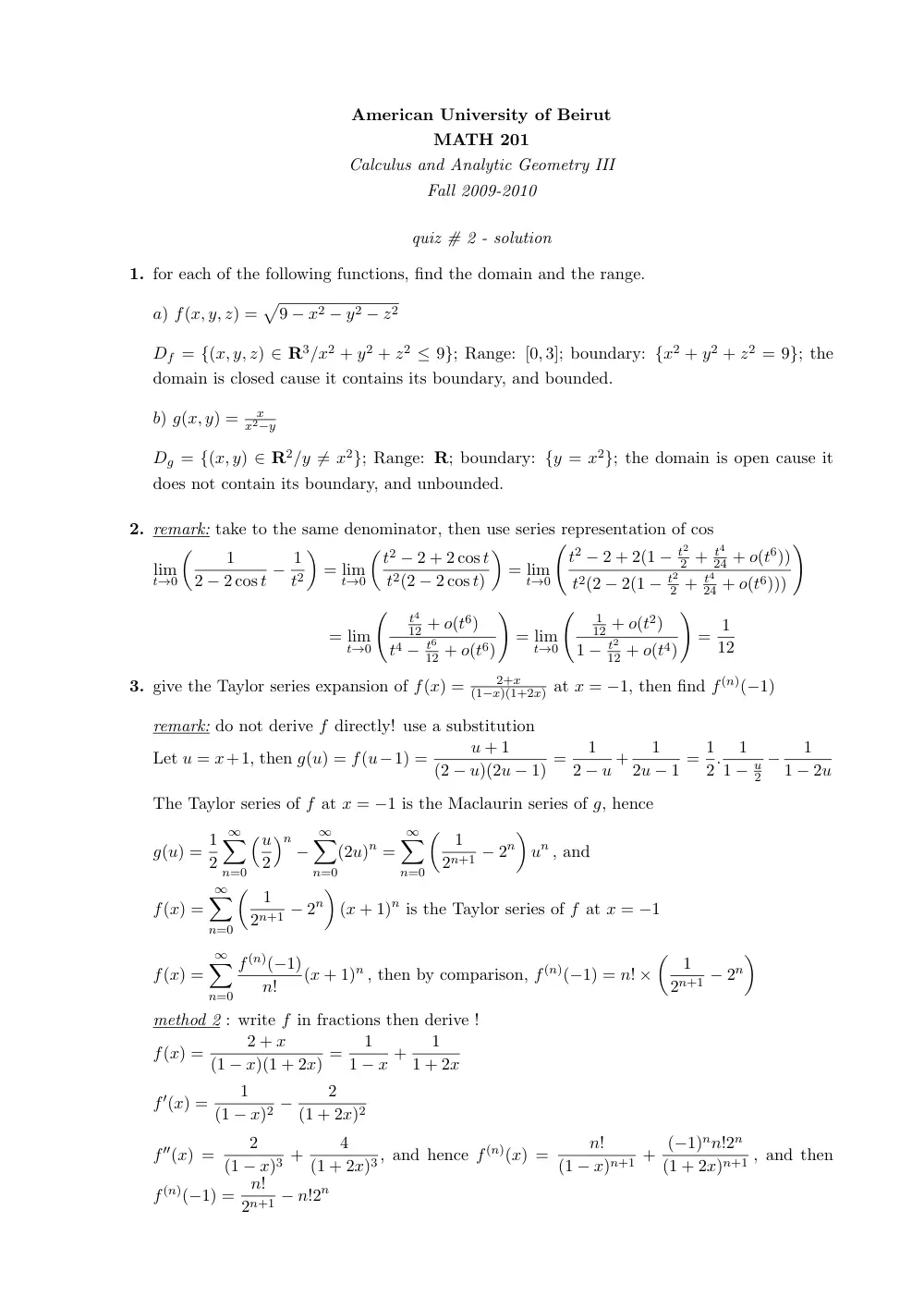 MATH 201 Exam 2 with Solution, Fall 2009, page 1