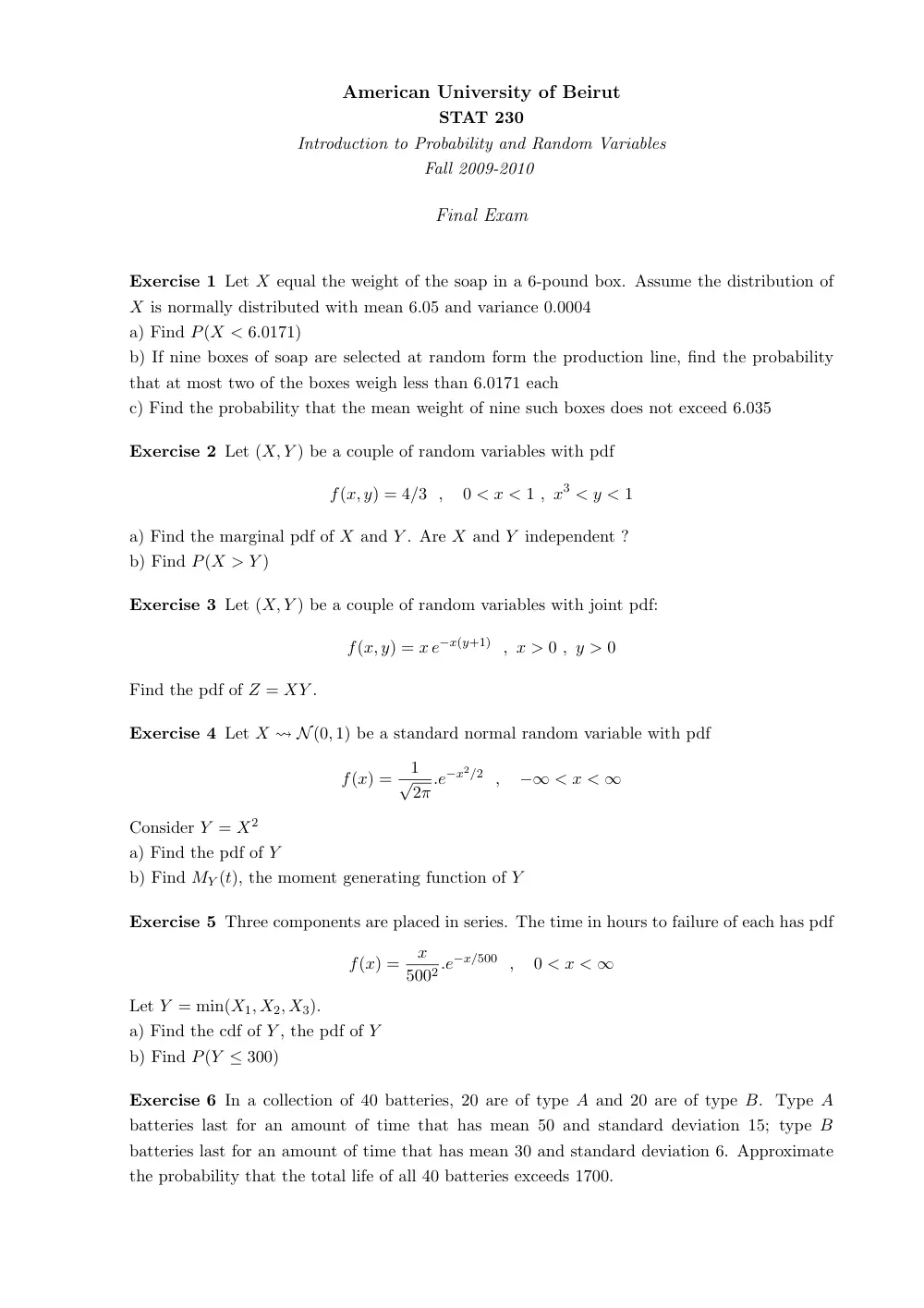 STAT 230 Final, Fall 2009, page 1