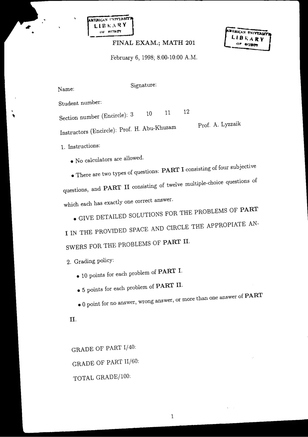 MATH 201 Final, Fall 1997, page 1