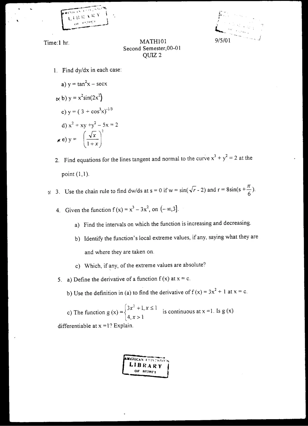 MATH 101 Exam 2, Spring 2001, page 1