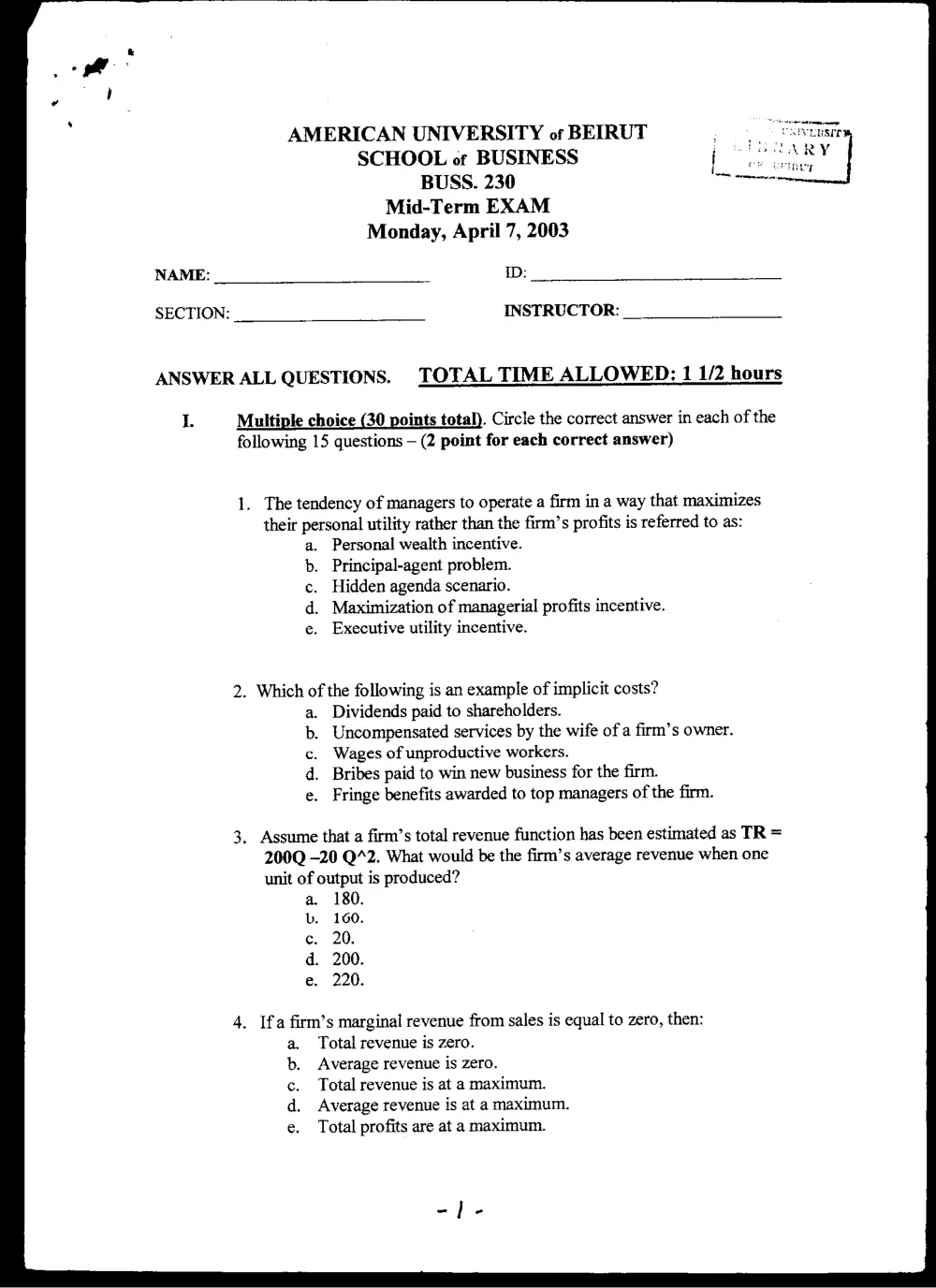 BUSS 230 Midterm, Spring 2003, page 1
