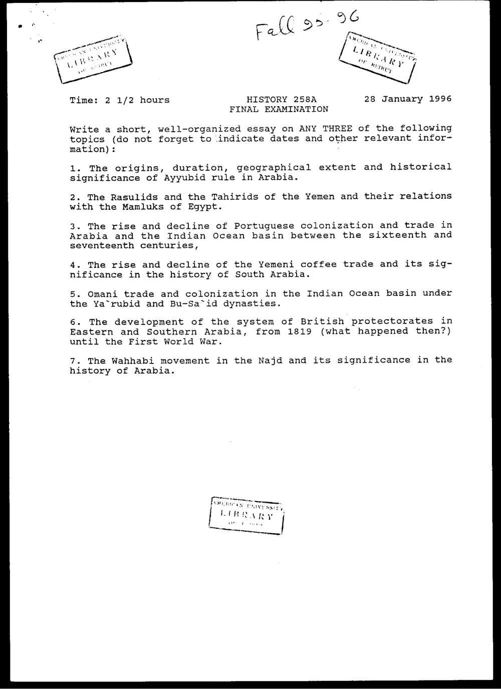 HIST 258 Final, Fall 1995, page 1
