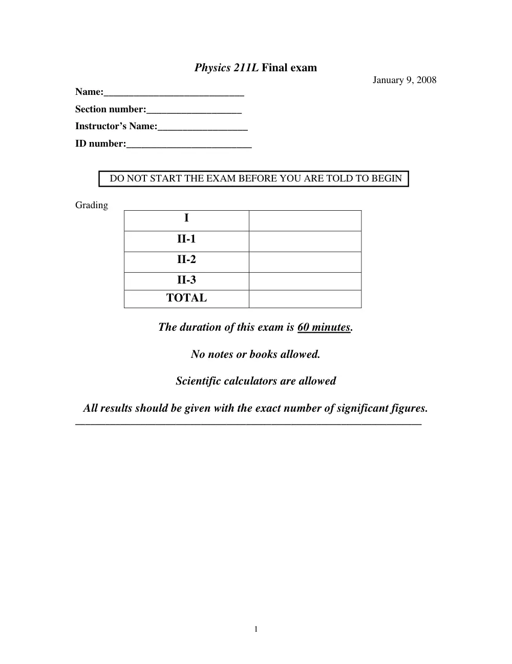 PHYS 211L Final, Fall 2007, page 1