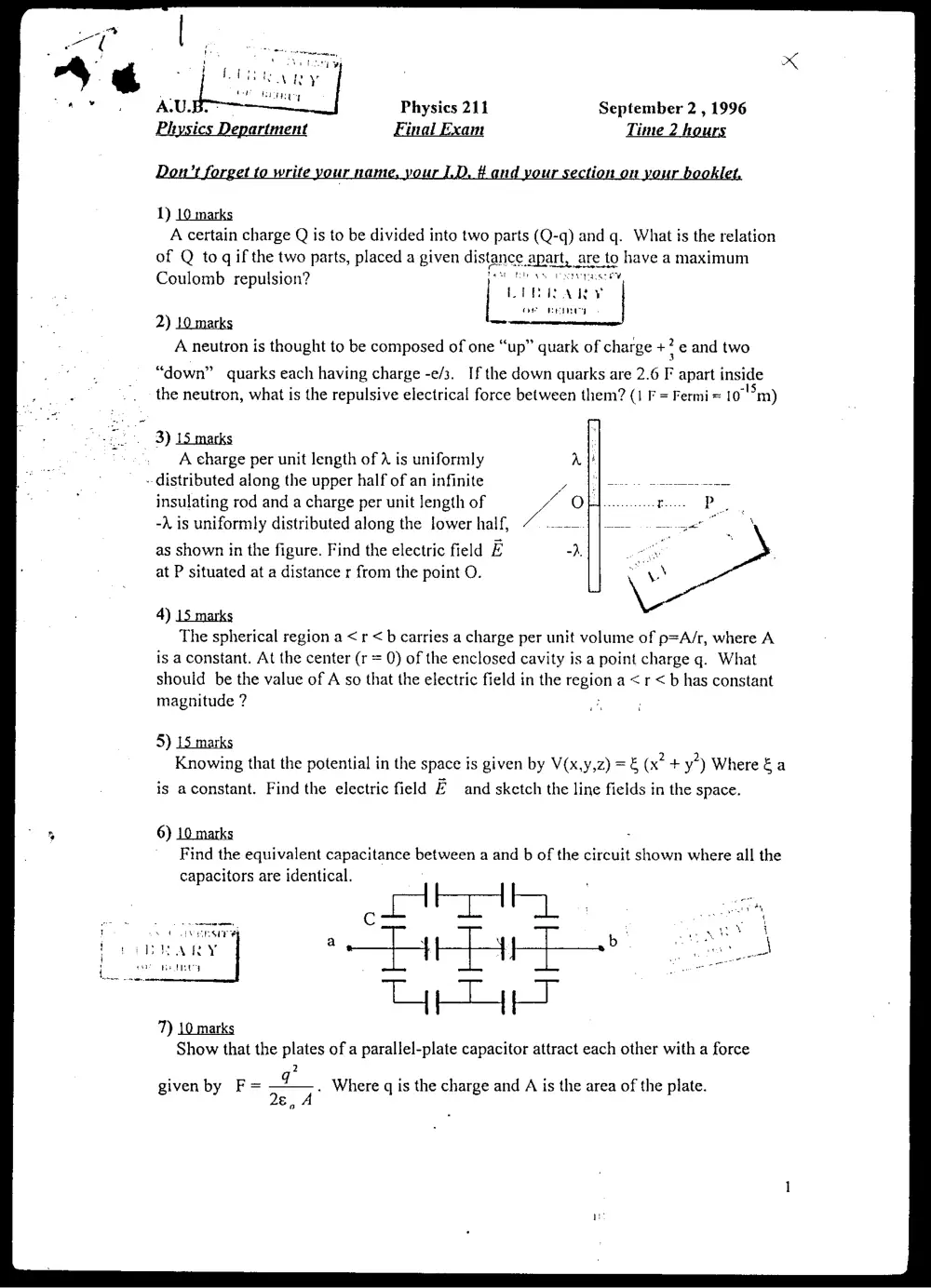 PHYS 211 Final, Summer 1996, page 1