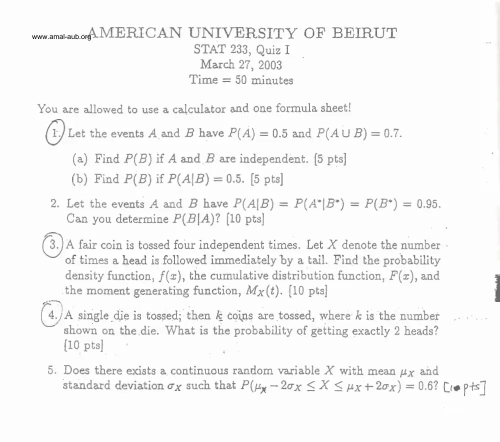 STAT 233 Exam 1, Fall 2003, page 1