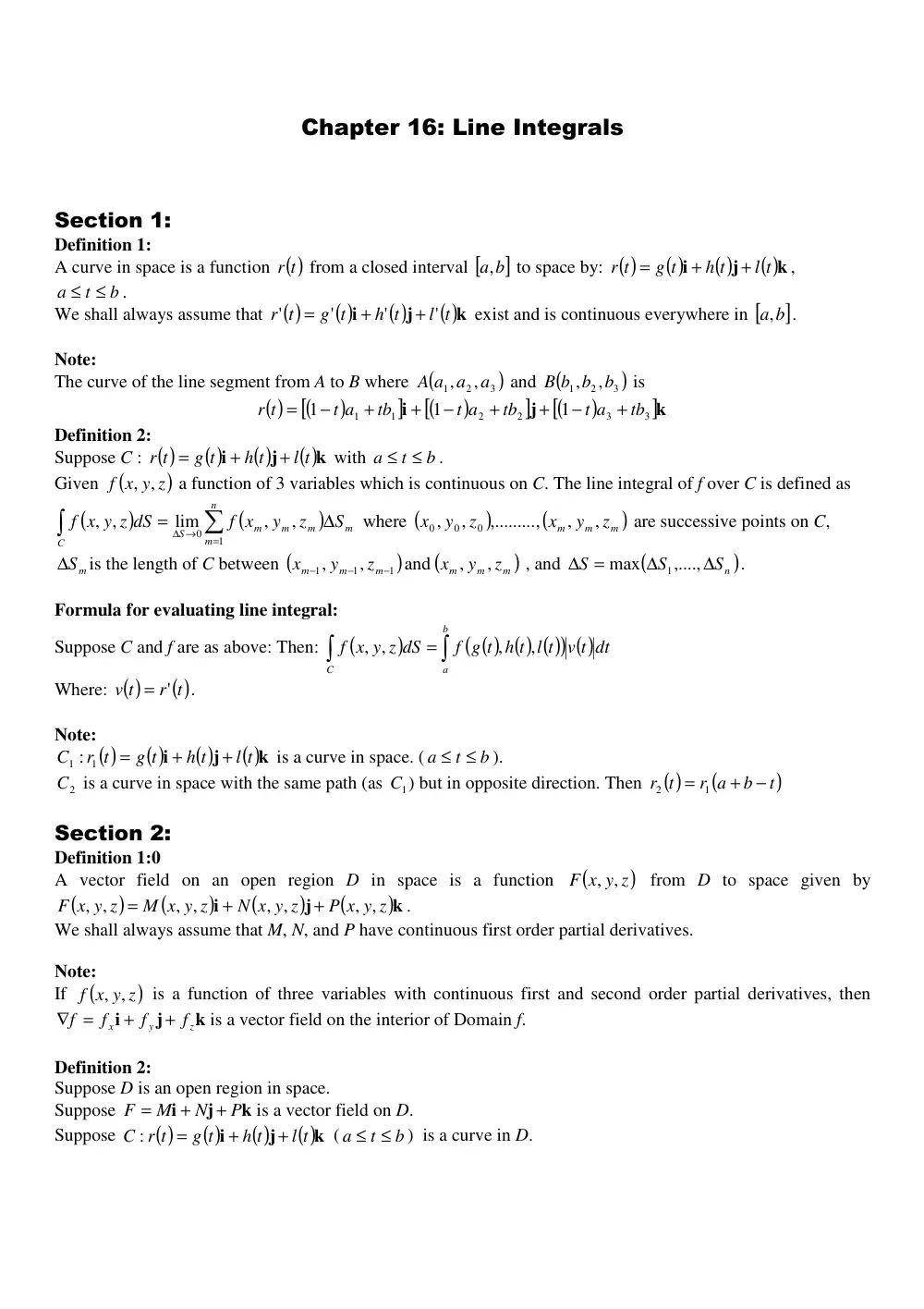 MATH 201 Chapter 16 Summary, Fall 2011, page 1