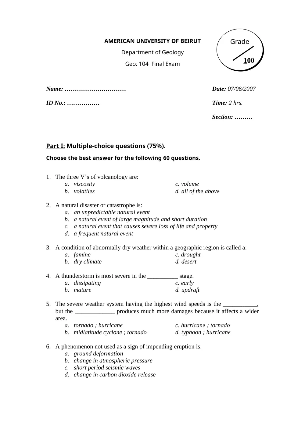 GEOL 104 Final, Spring 2007, page 1