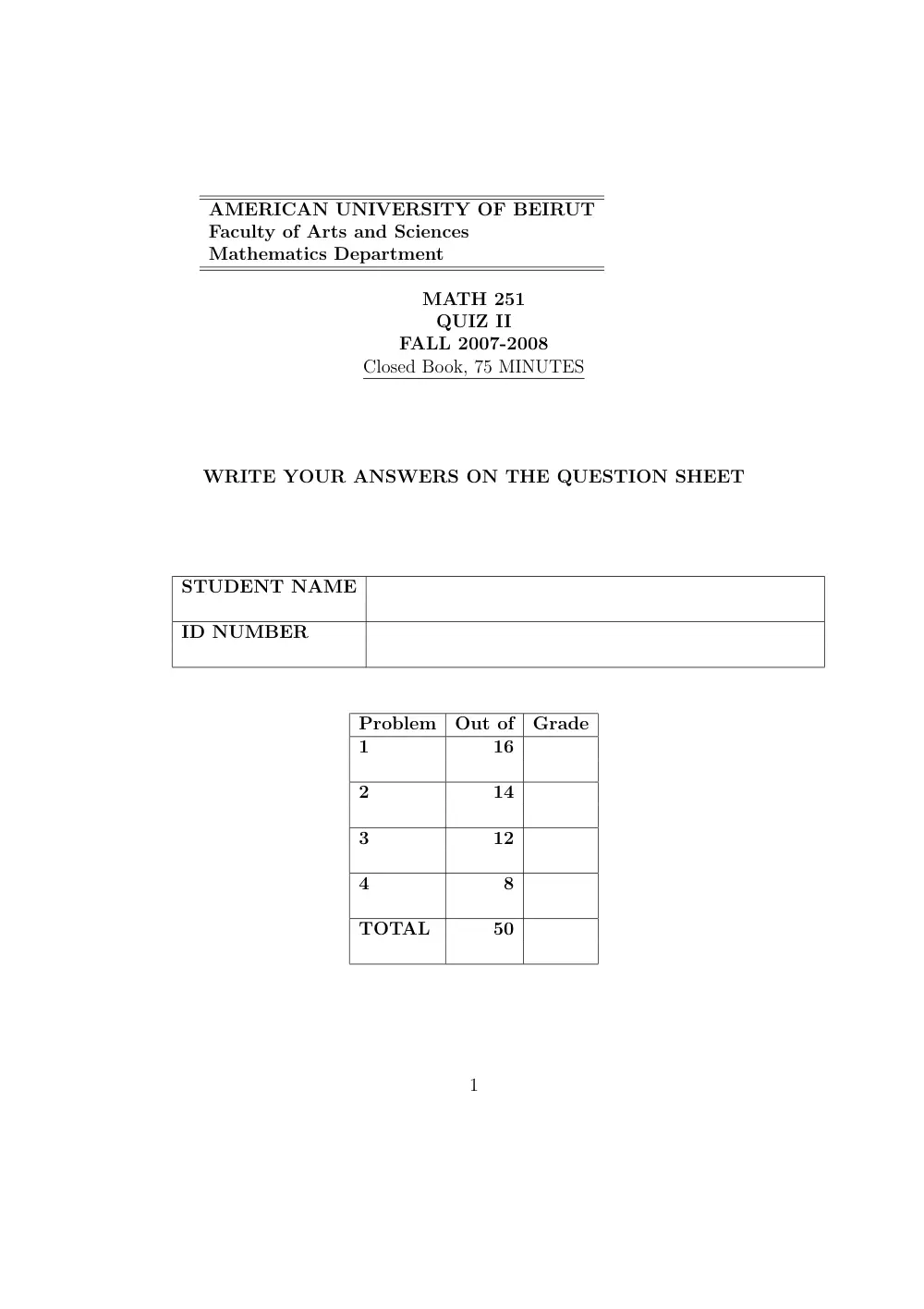 MATH 251 Exam 2, Fall 2007, page 1