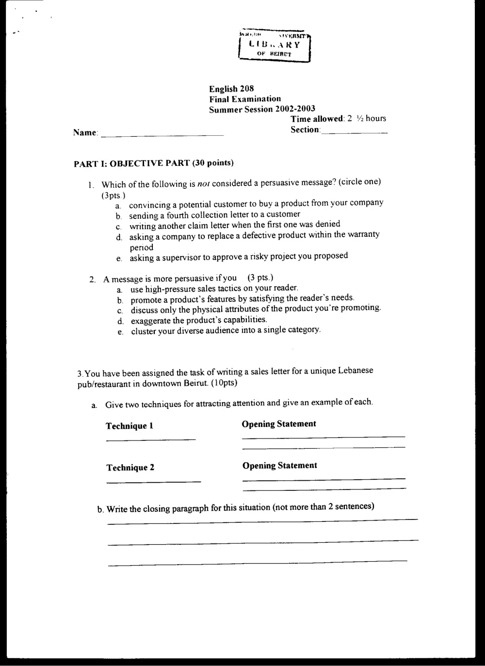 ENG 208 Final, Summer 2003, page 1
