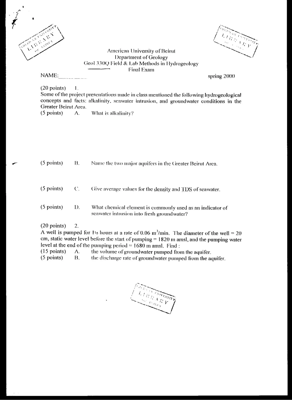 GEOL 330 Final, Spring 2000, page 1