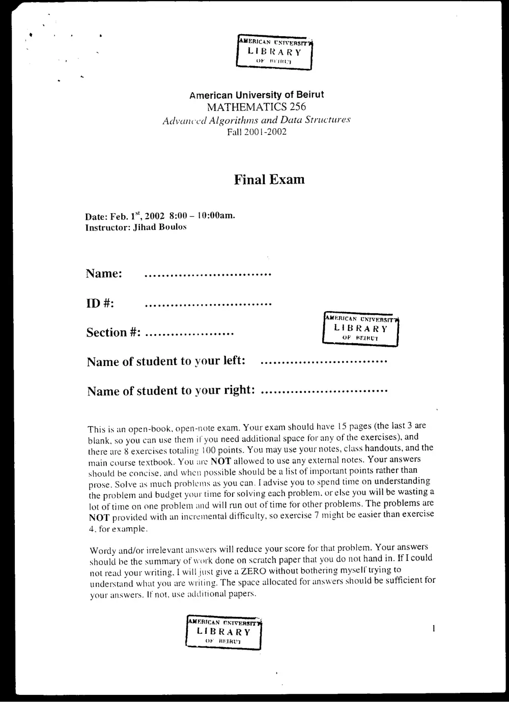 CMPS 256 Final, Fall 2001, page 1