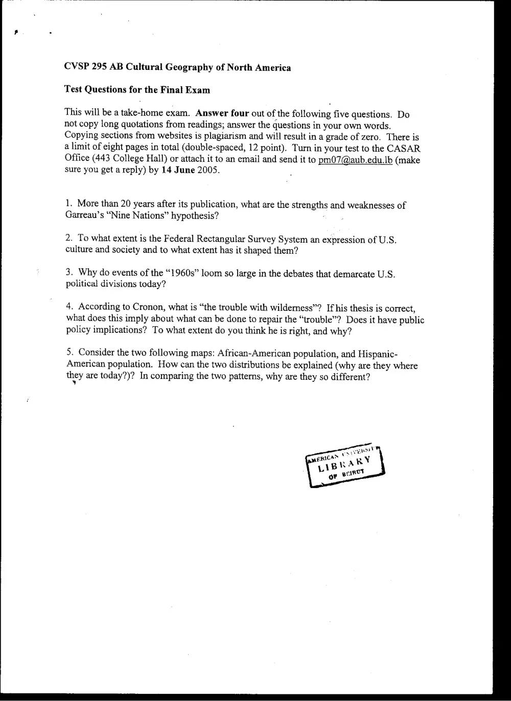 CVSP 295 Final, Spring 2005, page 1