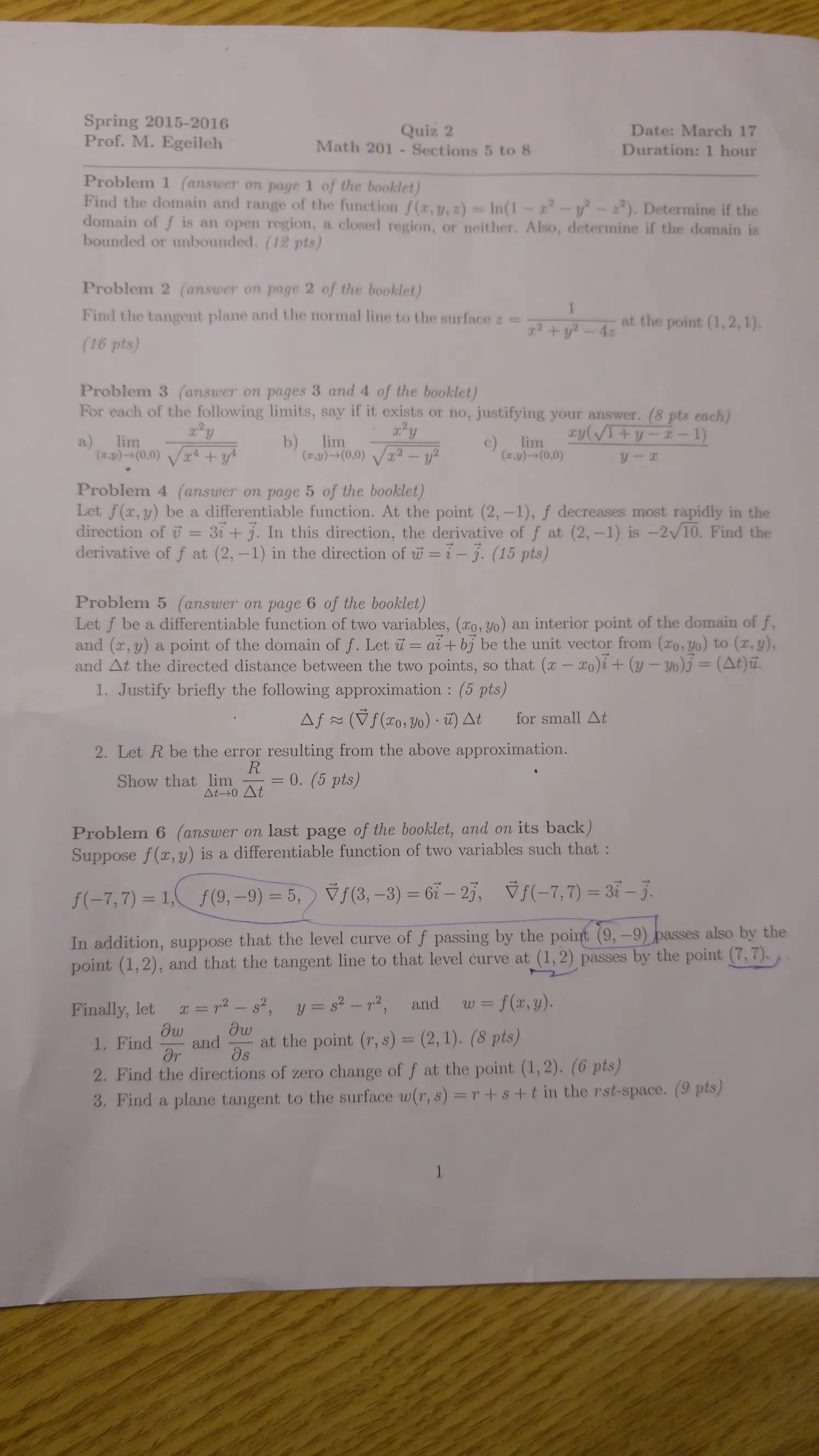 MATH 201 Exam 2, Spring 2016, page 1