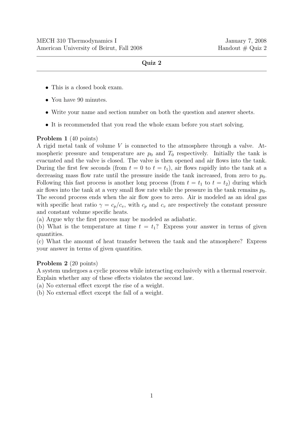 MECH 310 Exam 2, Fall 2007, page 1