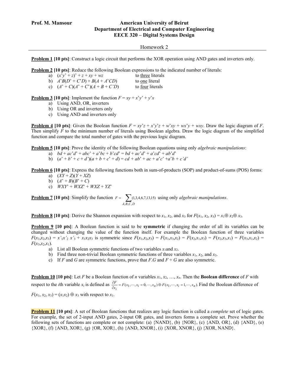 EECE 320 Homework 2, Fall 2016, page 1