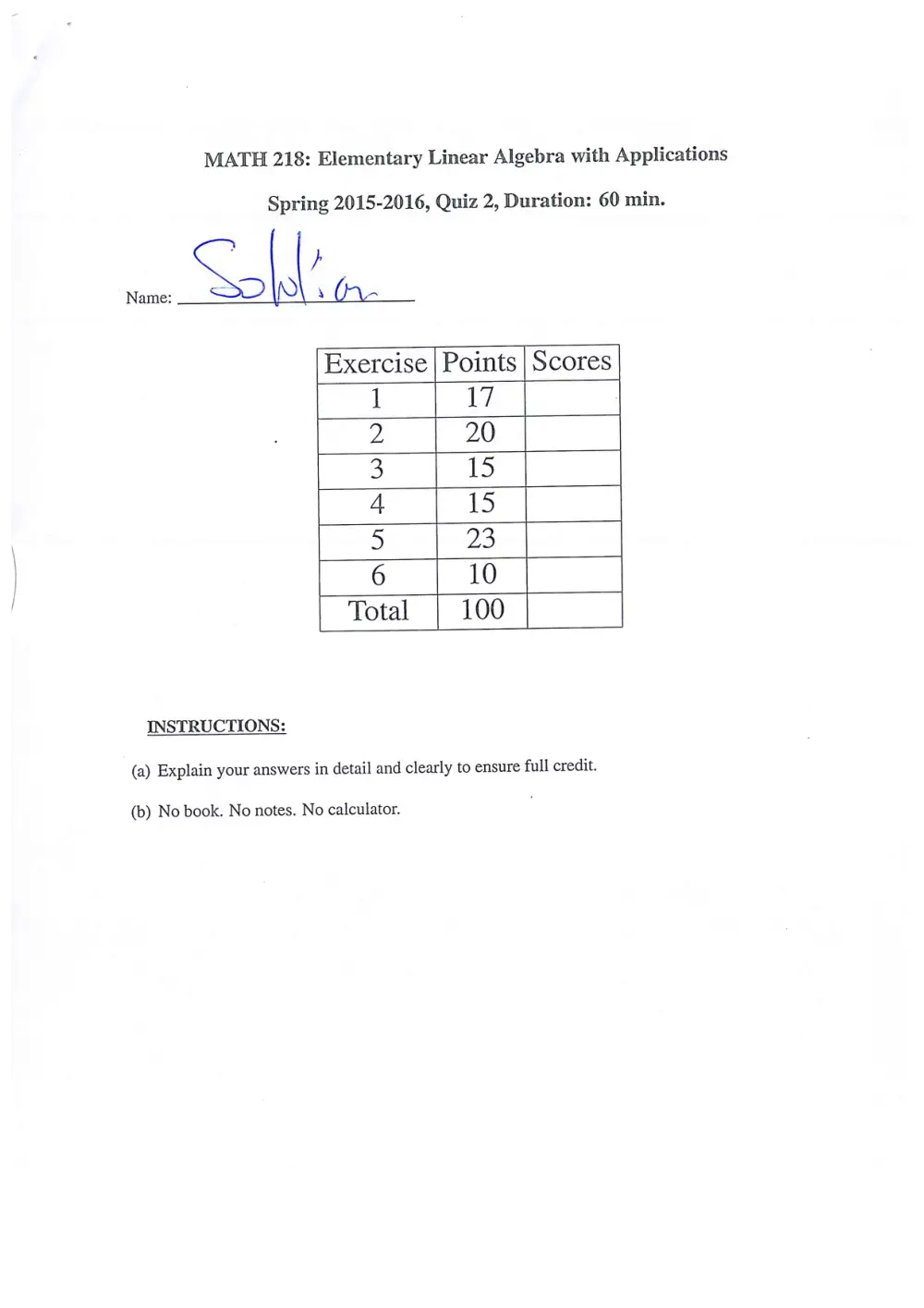 MATH 218 Exam 2 With Solution, Spring 2016, page 1