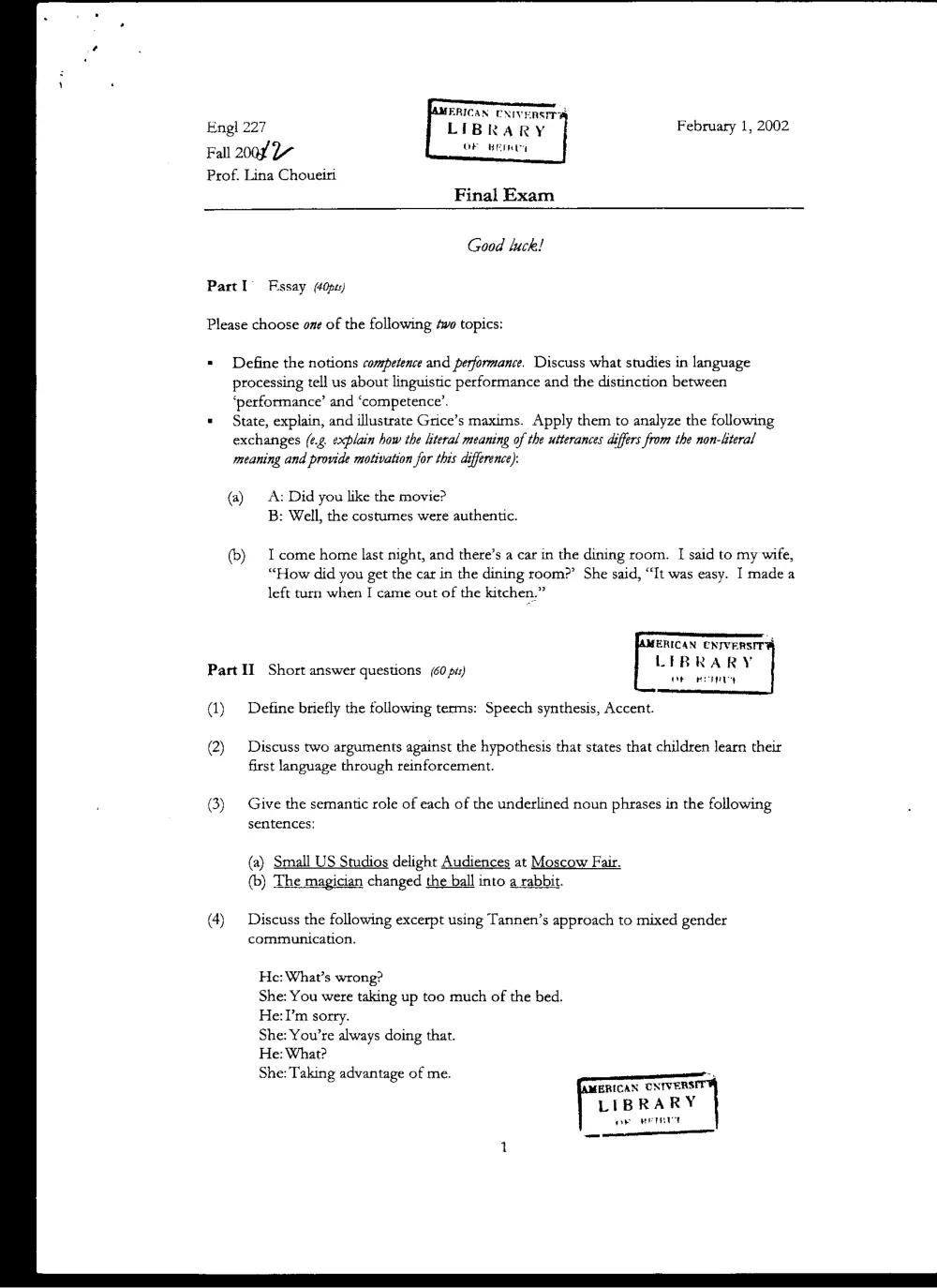 ENG 227 Final, Fall 2001, page 1