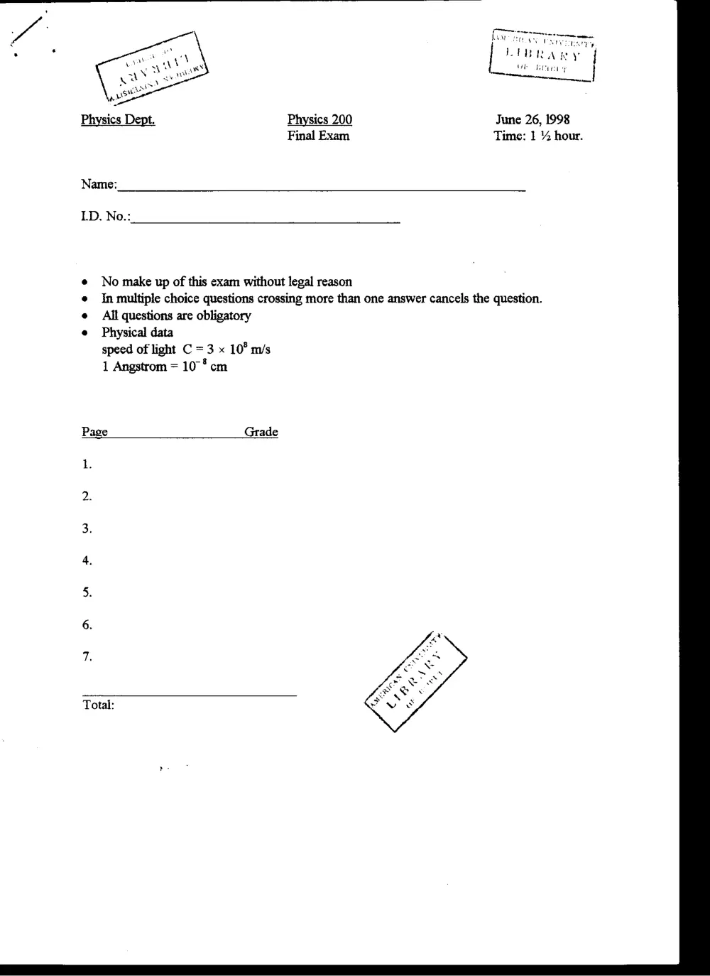 PHYS 200 Final, Spring 1998, page 1