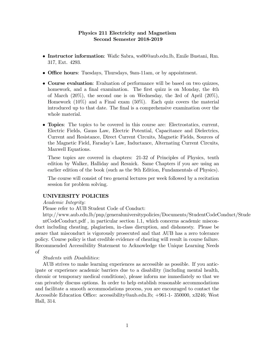 PHYS 211 Syllabus, Spring 2019, page 1