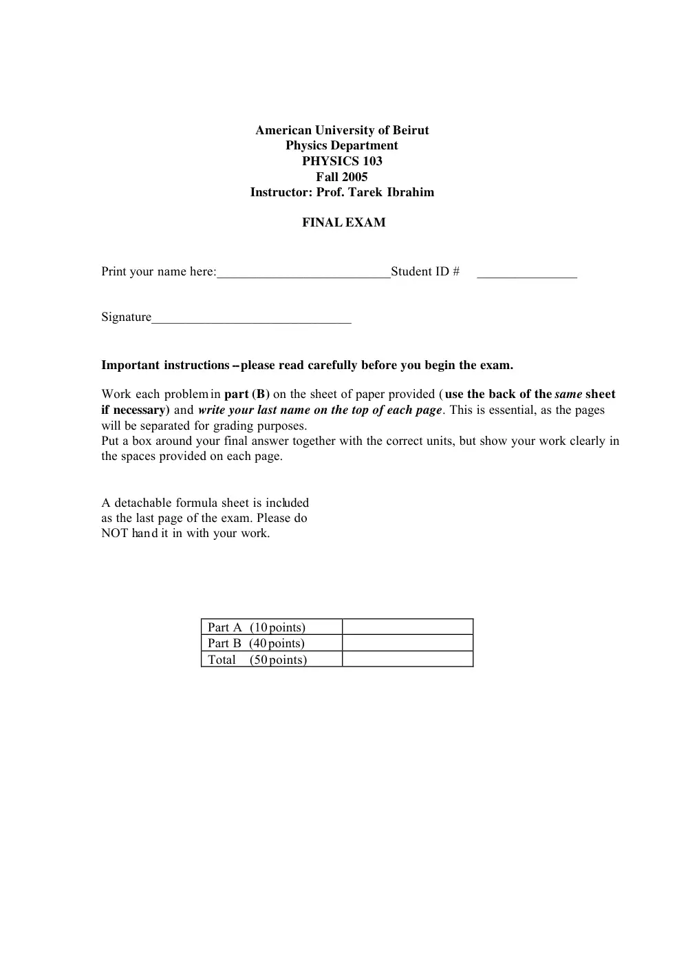 PHYS 103 Final, Fall 2005, page 1