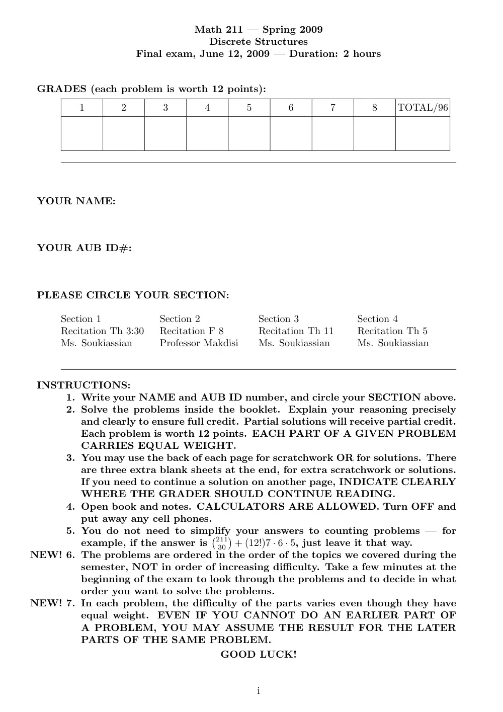 MATH 211 Final, Spring 2009, page 1