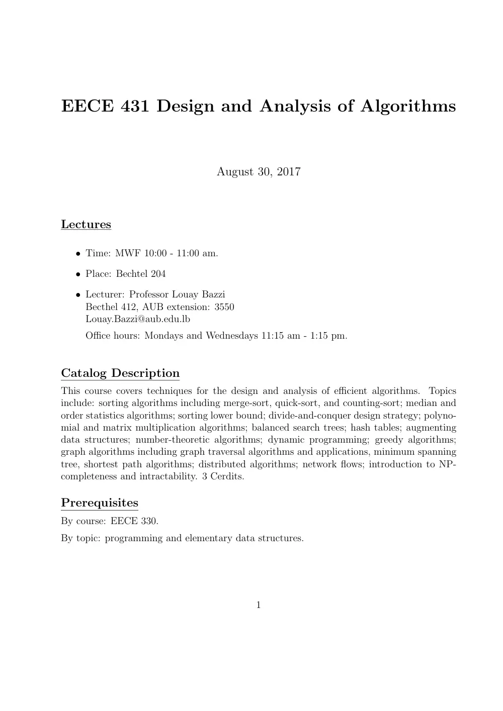 EECE 431 Syllabus, Fall 2017, page 1