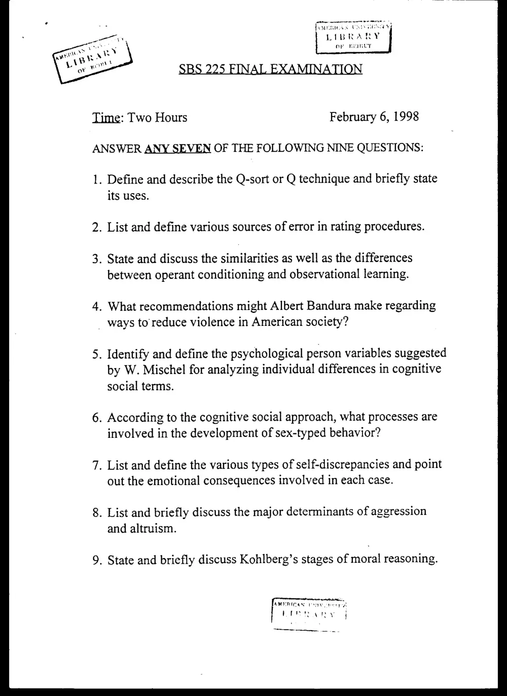 SBHS 225 Final, Fall 1997, page 1