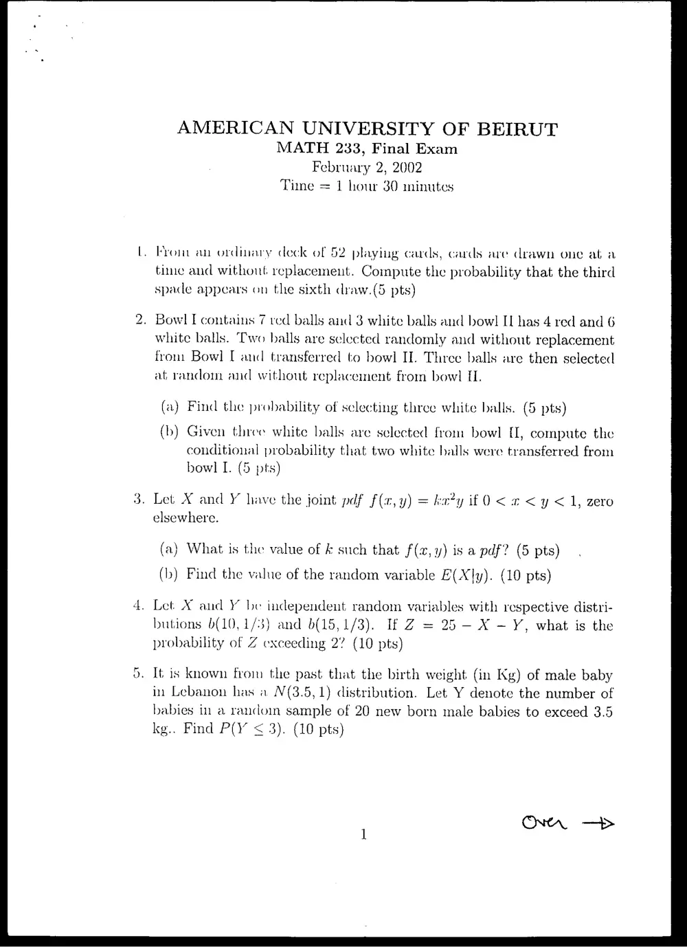 STAT 233 Final, Spring 2005, page 1
