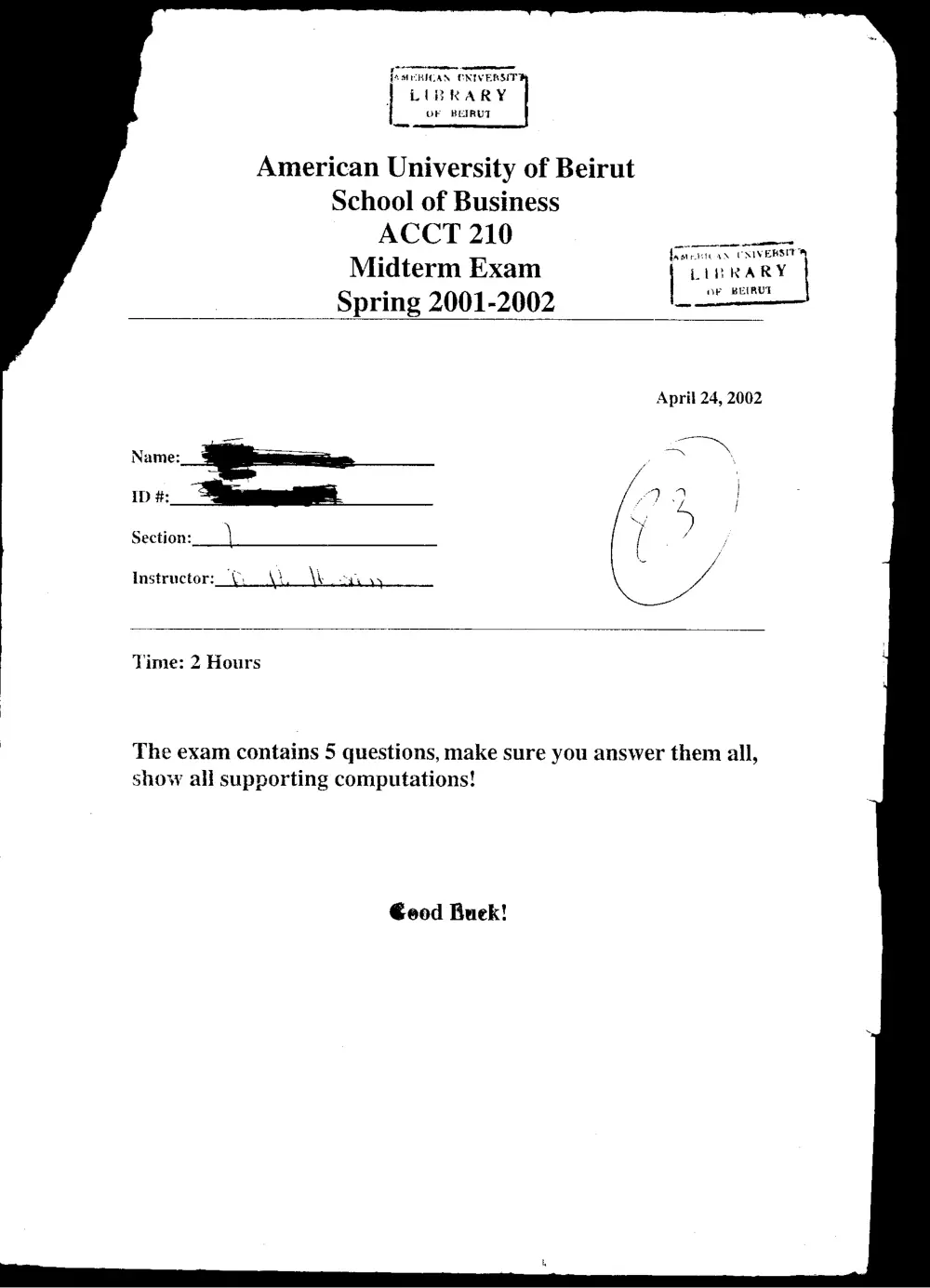 ACCT 210 Midterm, Spring 2002, page 1