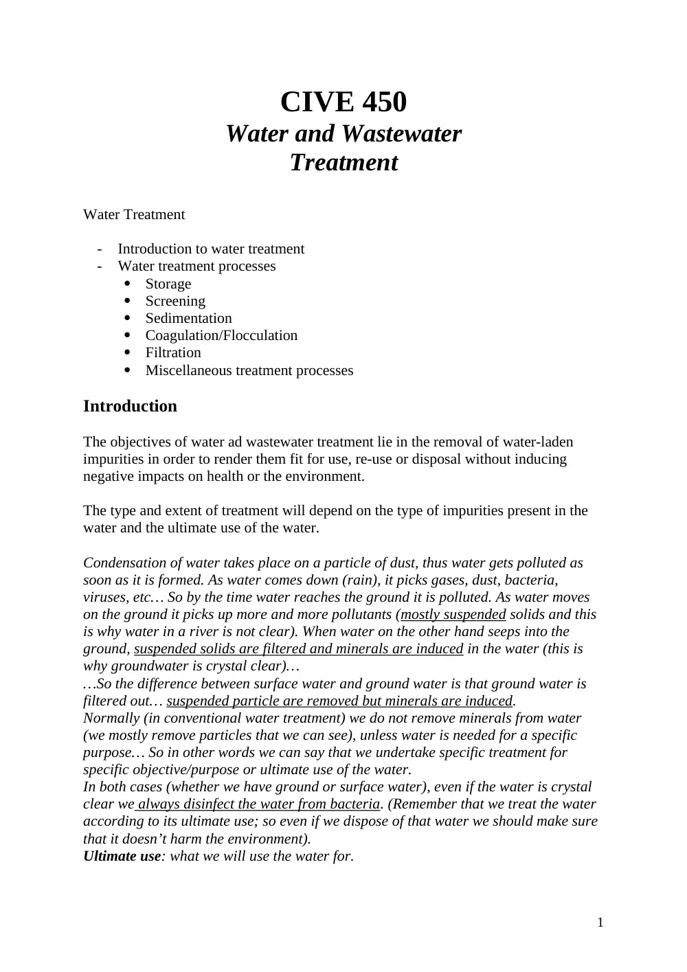 CIVE 450 Notes Course, Fall 2010, page 1