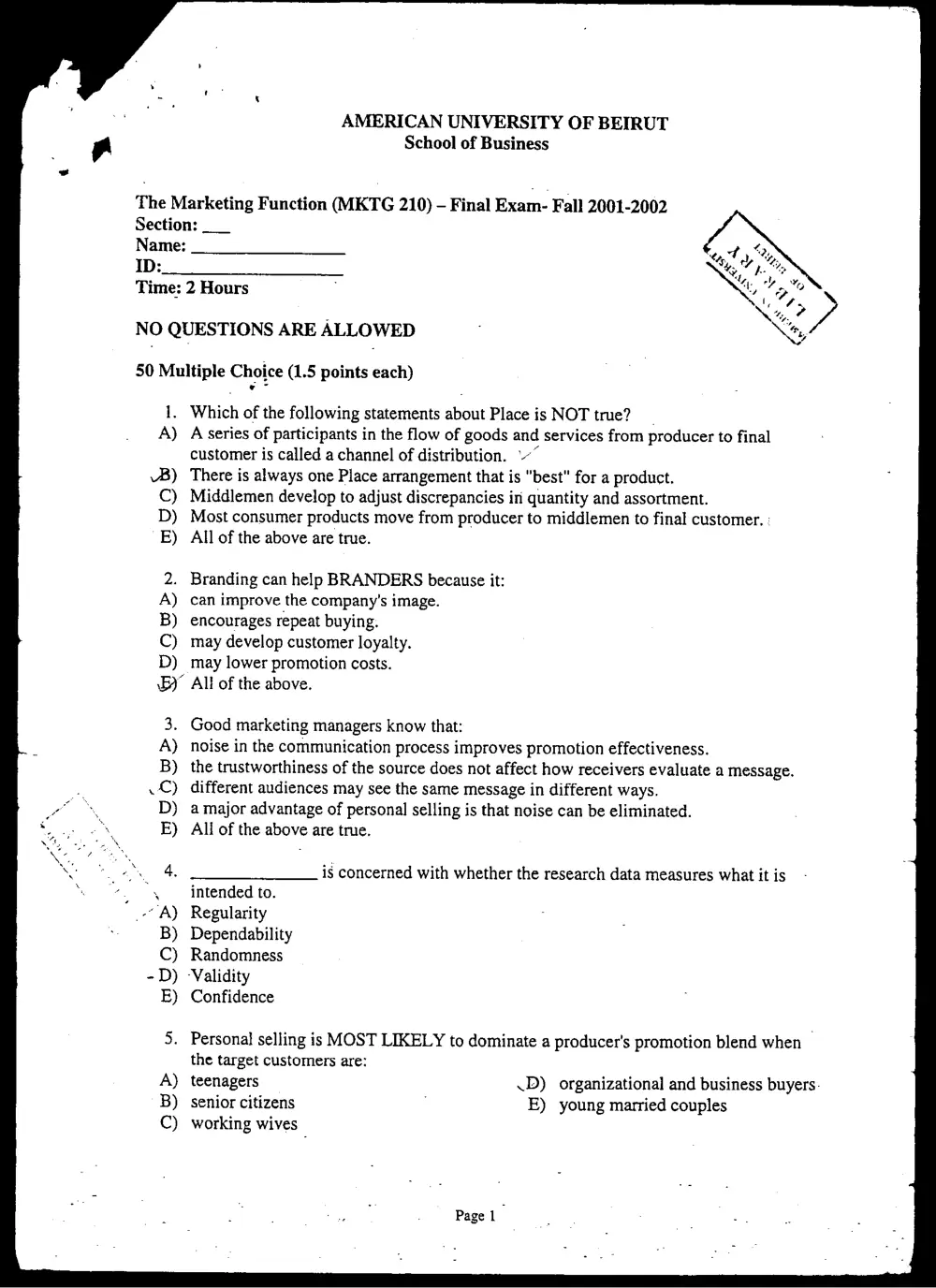 MKTG 210 Final, Fall 2001, page 1