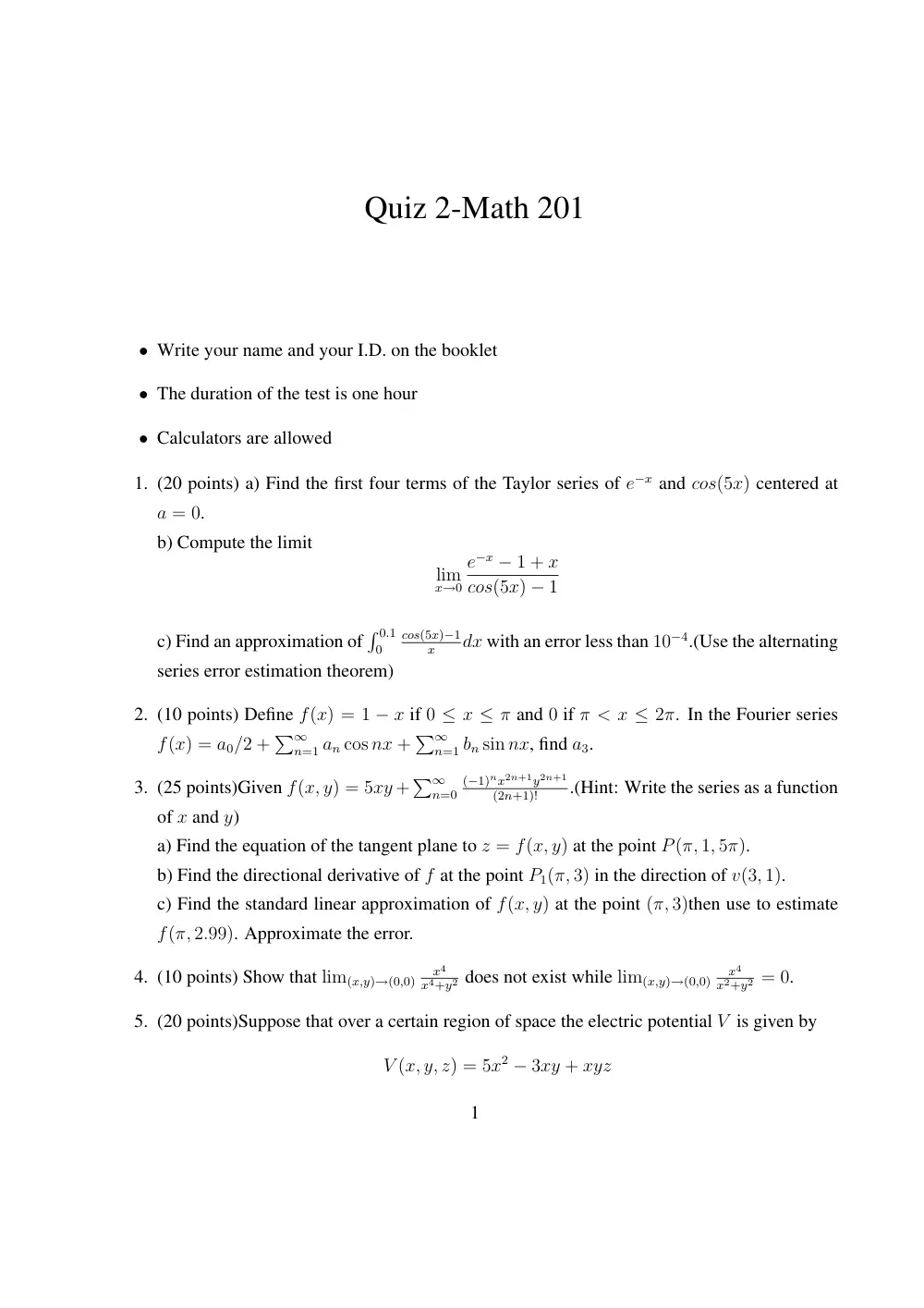 MATH 201 Exam 2, Fall 2008, page 1