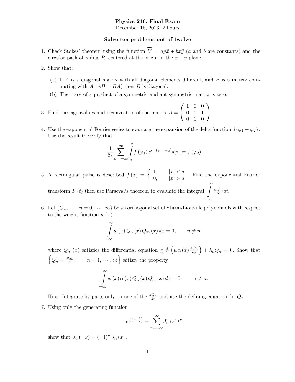 PHYS 216 Final, Fall 2013, page 1