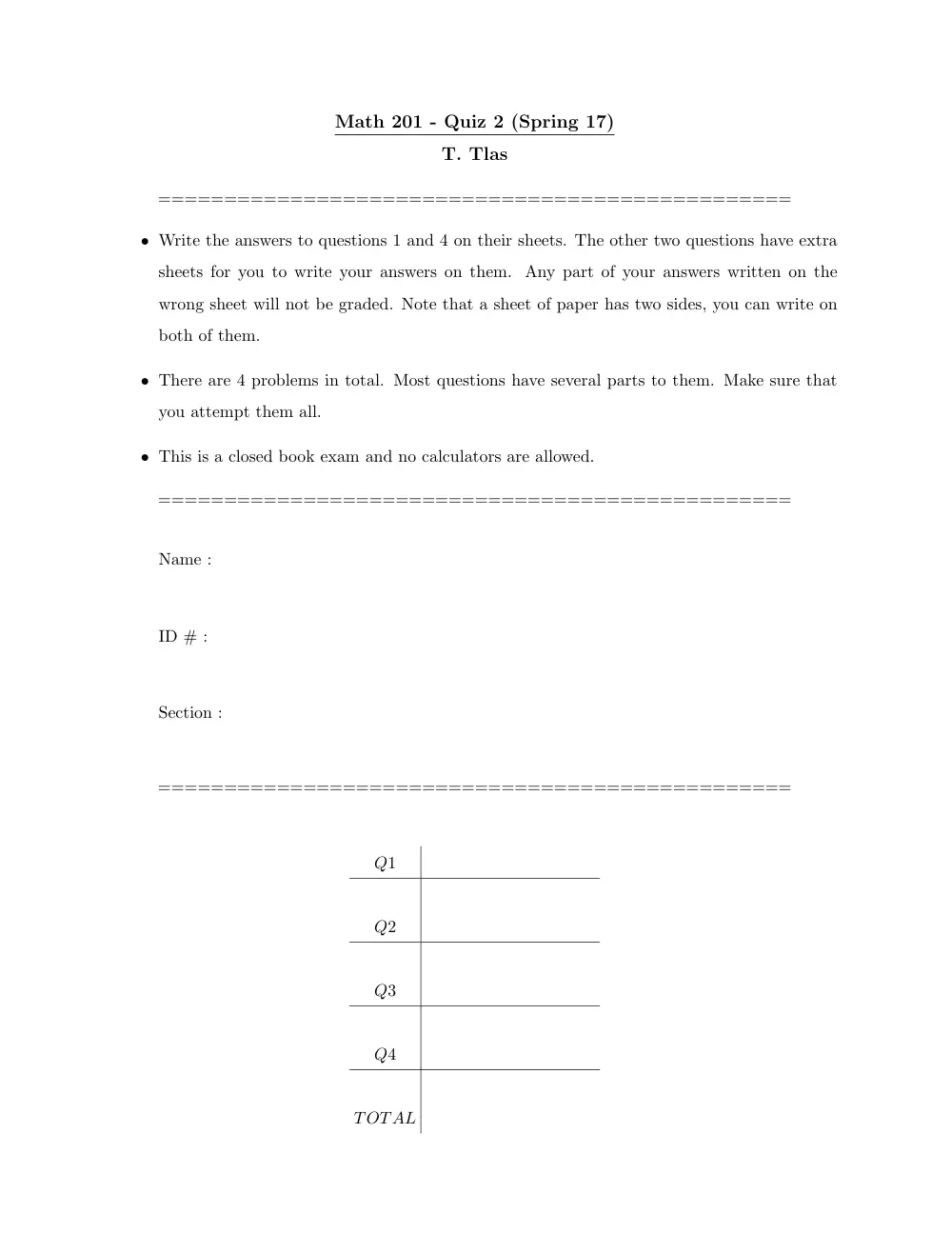 MATH 201 Exam 2, Spring 2017, page 1